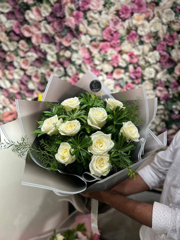 Roses with Green leaves Luxury flower bouquet by BloomBox Co – premium florist in Lahore