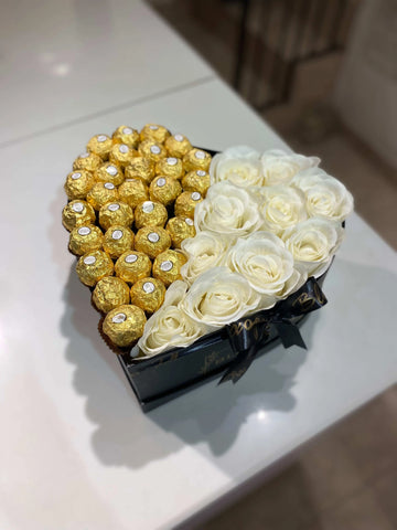 Heart box with Artificial Roses and Ferrero Rochers Luxury flower bouquet by BloomBox Co – premium florist in Lahore